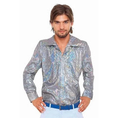 mens silver metallic disco shirt 70s costume