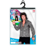 packaging for 70s mens disco silver waves shirt