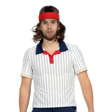 Close-up of mens 80s tennis player costume showing striped shirt and retro sports details