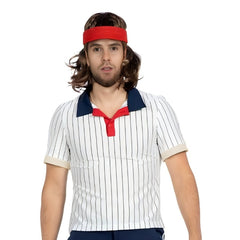 Mens 80s tennis player costume with striped sports shirt and navy shorts