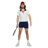 Mens 80s tennis player costume with striped sports shirt and navy shorts