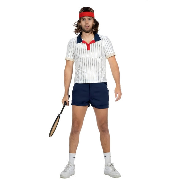 Mens 80s tennis player costume with striped sports shirt and navy shorts