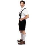 Side view of the Men’s Bavarian Lederhosen costume by Leg Avenue, featuring shorts that sit above the knee with traditional embroidery and side button details