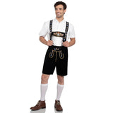 Full body front view of the Men’s Bavarian Lederhosen costume featuring above-the-knee brown shorts with colourful traditional embroidery on the front and braces, complete with decorative buttons and adjustable straps for a festive Oktoberfest look.