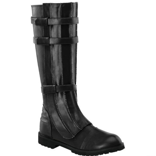 Mens black walker boots hire Brisbane gothic military style costume footwear side view