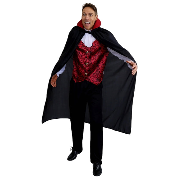 Men's Bloodthirsty Vampire Costume with red patterned vest and black cape