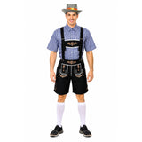 Men’s blue check Oktoberfest costume with black lederhosen, hat and white socks