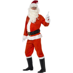 Men’s deluxe Santa Claus costume with red jacket, trousers, hat, belt, gloves, and boot covers