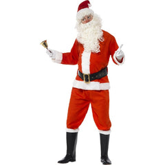 Men’s deluxe Santa Claus costume with red jacket, trousers, hat, belt, gloves, and boot covers