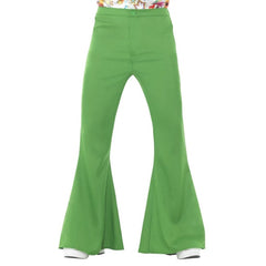 Mens green flared trousers with elastic waistband and flared bottoms for 70’s disco costume