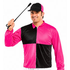 Men's black and pink jockey costume worn by model holding a riding crop