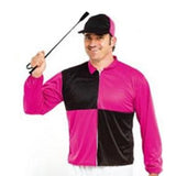 Close-up of mens jockey costume showing black and pink racing silks and matching cap