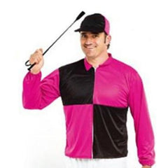 Mens jockey costume with black and pink racing silks, white pants and matching cap