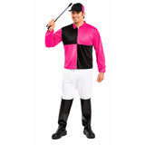Men's black and pink jockey costume worn by model holding a riding crop