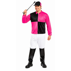 Men's black and pink jockey costume worn by model holding a riding crop