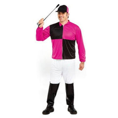 Mens jockey costume with black and pink racing silks, white pants and matching cap