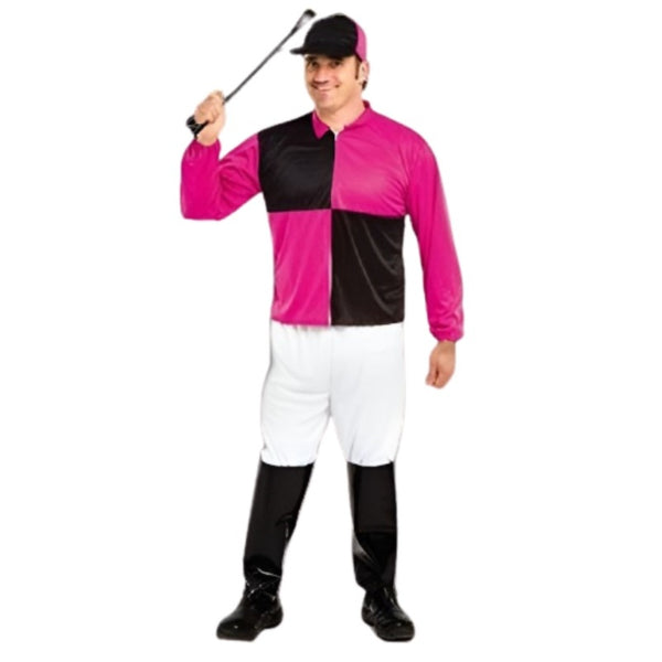 Mens Jockey Black & Pink Costume, shirt in black and pink, white pants, boot tops and matching hat.