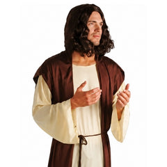Mens Joseph costume with cream robe, brown overcoat and rope belt