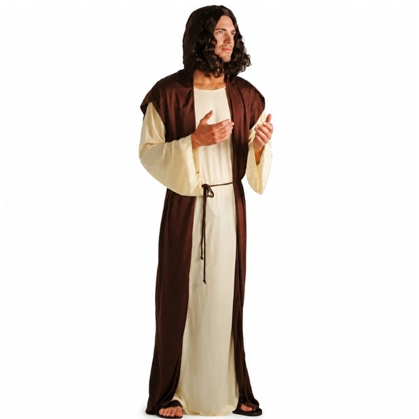 Mens Joseph costume with cream robe, brown overcoat and rope belt