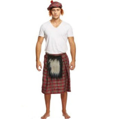 Mens kilt costume in red check with attached sporn.