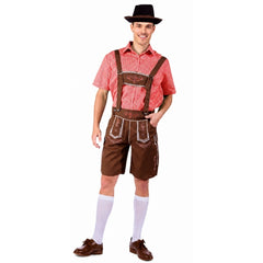 Men’s Oktoberfest beer man costume with red check shirt and brown lederhosen