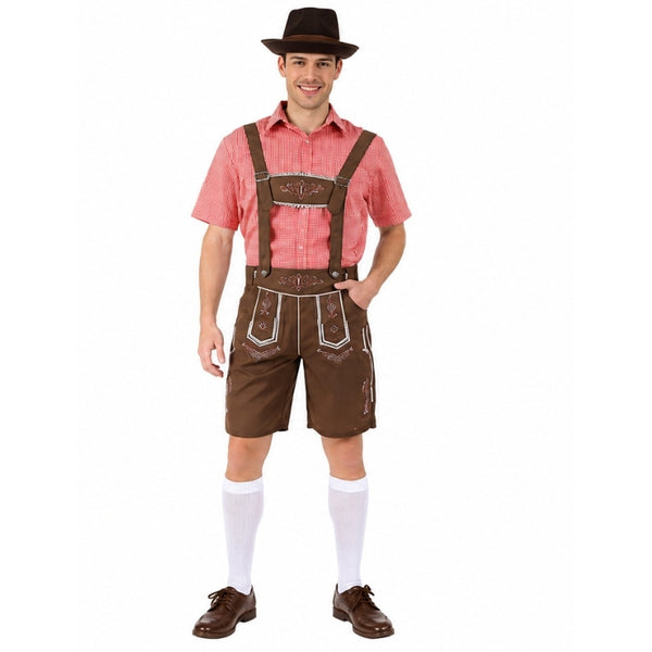 Men’s Oktoberfest Beer Man Costume with Red Check Shirt and Lederhosen