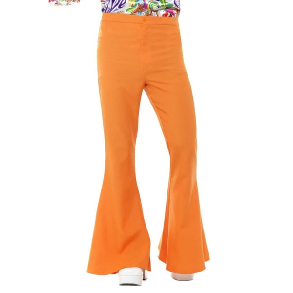 Men’s orange flared trousers with elastic waistband and dramatic flared bottoms for 70’s disco costume