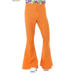 Men’s orange flared trousers with elastic waistband and dramatic flared bottoms for 70’s disco costume