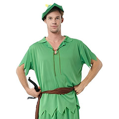 Mens Peter Pan costume with green tunic, hat and belt