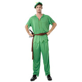 Mens Peter Pan costume with green tunic, hat and belt