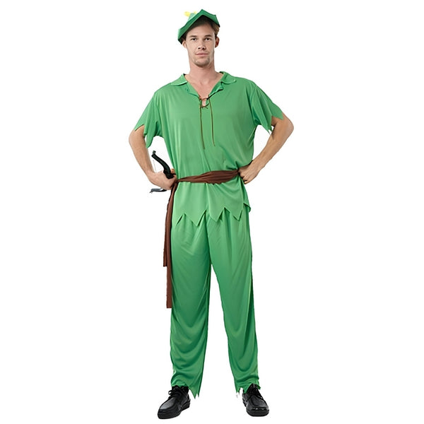 Mens Peter Pan costume with green tunic, hat and belt