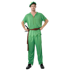 Man wearing a green Peter Pan costume with hat and feather for Book Week and storybook dress-up