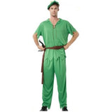 Mens Peter Pan costume, long pants and short sleeve top, jagged hemline, brown sash and hat with yellow feather.