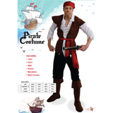 Men's Pirate Costume with vest shirt pants belt bandana and boot covers packaging