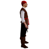Men's Pirate Costume with brown vest and boot covers side view