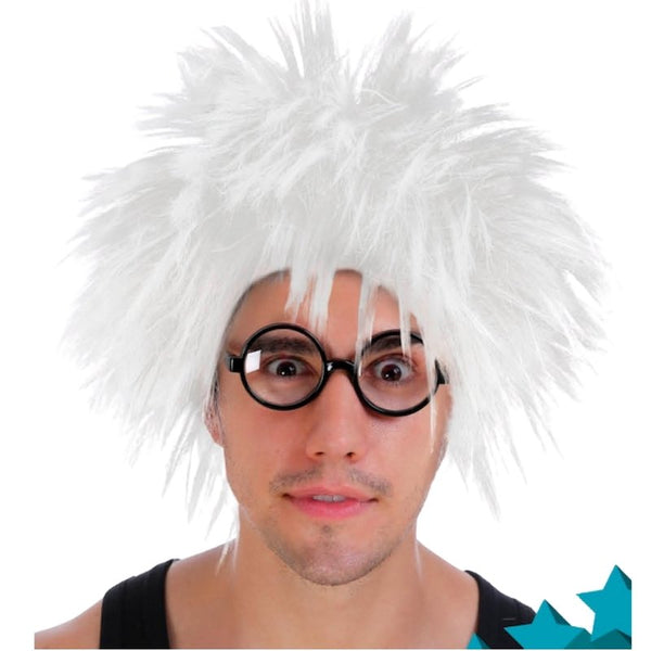 Men's spiky white wig costume accessory for mad scientist, Book Week and Halloween costumes.