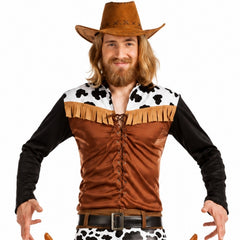 Mens Texas cowboy costume with cow print and fringe front view