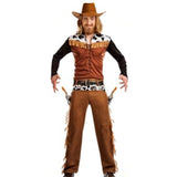 Men's Texas Cowboy Costume with shirt featuring cow print, fringing, pants, belt, and gun belt with holsters, ideal for western-themed parties.