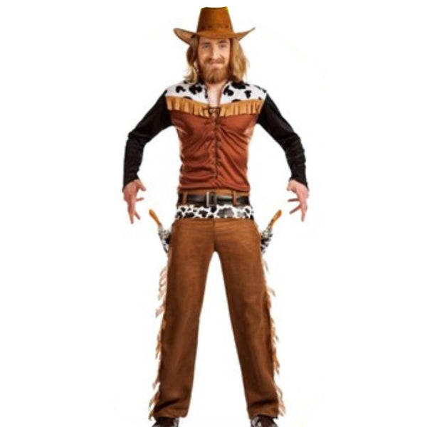 Men's Texas Cowboy Costume with shirt featuring cow print, fringing, pants, belt, and gun belt with holsters, ideal for western-themed parties.