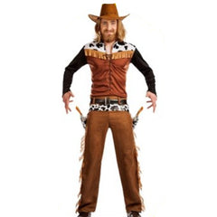 Men's Texas Cowboy Costume with shirt featuring cow print, fringing, pants, belt, and gun belt with holsters, ideal for western-themed parties.