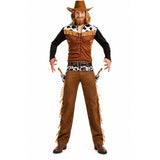 Mens Texas cowboy costume with cow print and fringe front view
