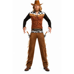 Mens Texas cowboy costume with cow print and fringe front view