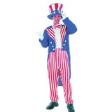 Mens uncle sam costume, red stripe pants, blue jacket an stars and stripes hat.