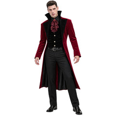 Men's vampire costume with red coat and black vest front view