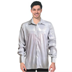 mens white 70s disco shirt iridescent