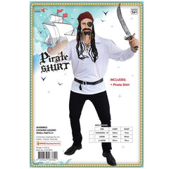 Mens White Pirate Shirt with Chest Lacing, long sleeve polyester.