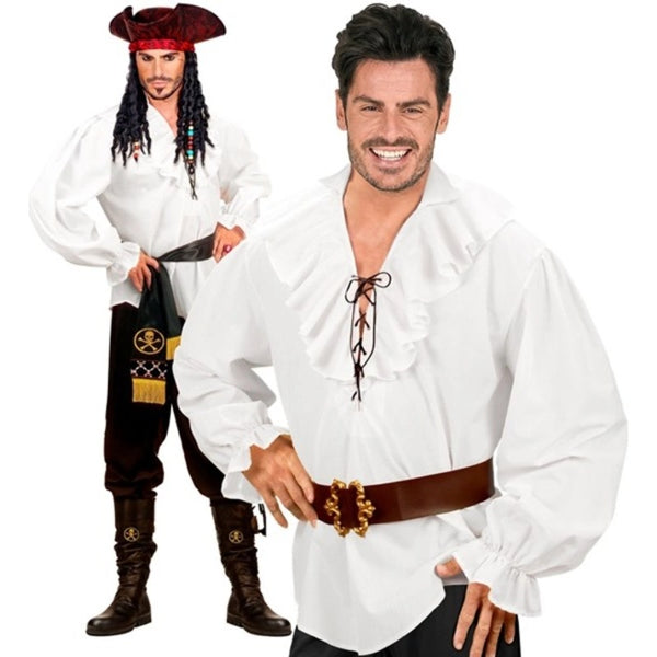 Mens white pirate shirt with lace-up front for pirate and renaissance costumes