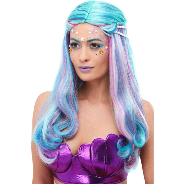 Long wavy blue mermaid wig with pearl accents for fantasy costume or cosplay