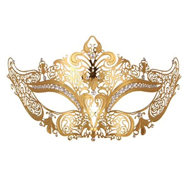 Gold metal masquerade mask with clear diamantes – adult costume accessory with ribbon ties.