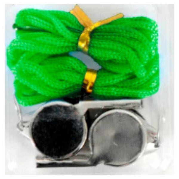 Silver metal whistles with green red yellow cords